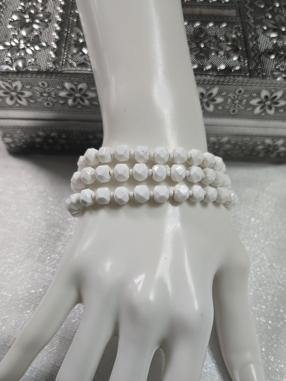 Vintage Plastic Japan White Faceted Bead Multi Strand Bracelet